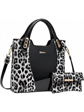 Black Leopard Print Shoulder Tote Handbag with Pouch - Stylish Everyday Bag